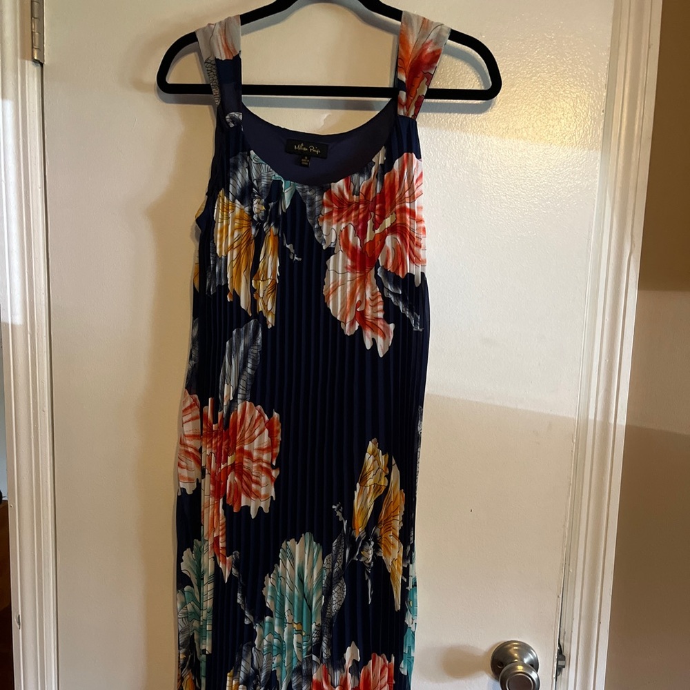 Melissa Paige Pleated Navy Blue Floral Sleeveless Dress Tropical Sun Dress-small